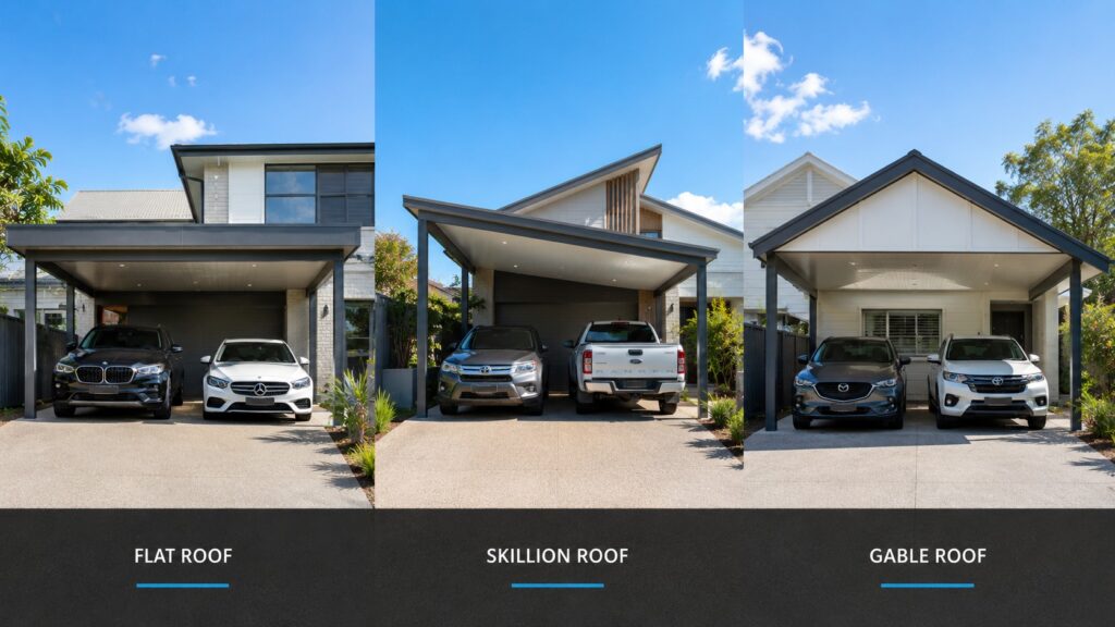 Comparison of flat, skillion, and gable Colorbond carport roof styles.