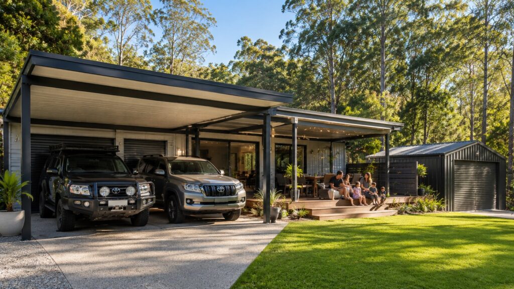 Finished Mudgeeraba home featuring matching Colorbond carport, patio, and shed.