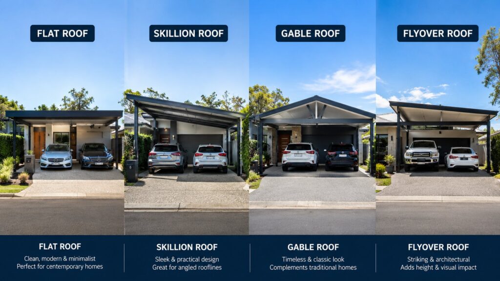 Carport Highland Park 3 Comparison of flat, skillion, gable, and flyover Colorbond carport roof styles.