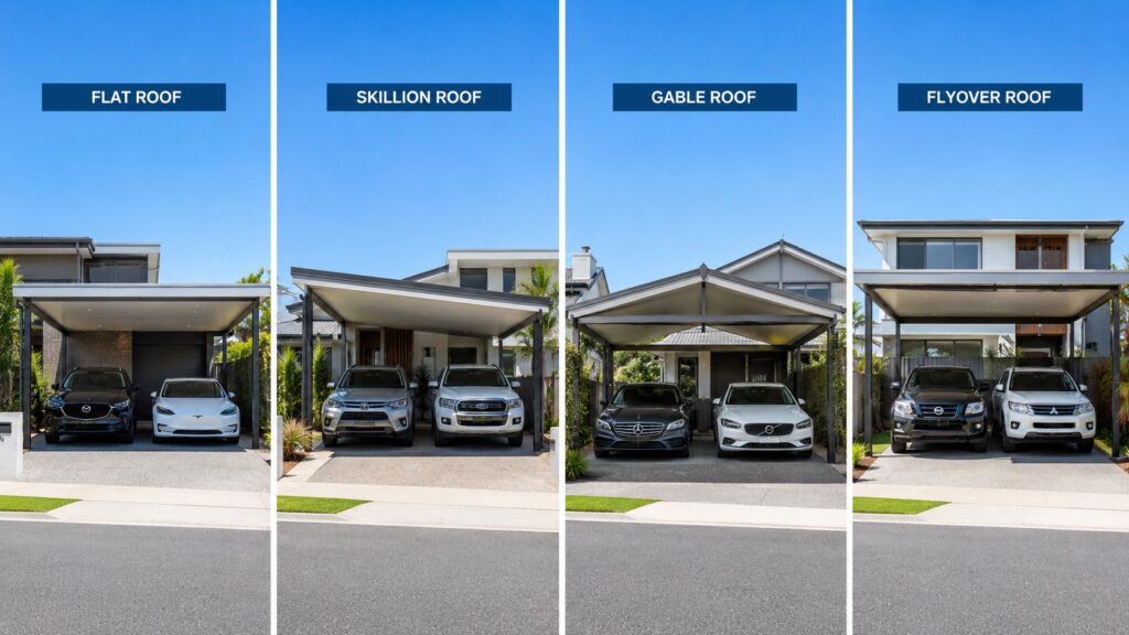 Carport Coomera 3 Comparison of flat, skillion, gable, and flyover Colorbond carport roof designs.