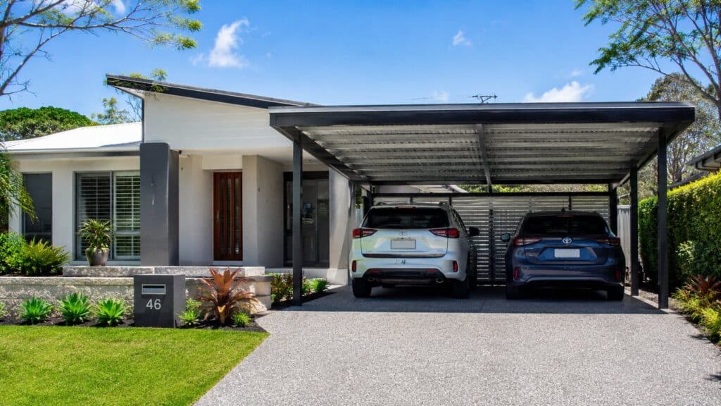 Carport Highland Park 2 Modern Highland Park home with a custom Colorbond steel double carport protecting two vehicles.