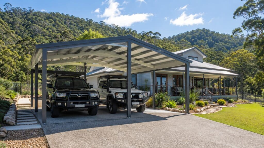 Custom Colorbond double carport at a modern acreage home in Maudsland.