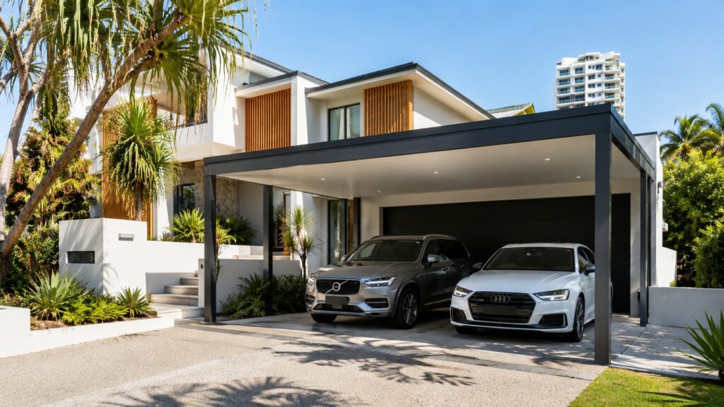 Carport Broadbeach 2 Modern Broadbeach home with a custom Colorbond double carport protecting two vehicles.