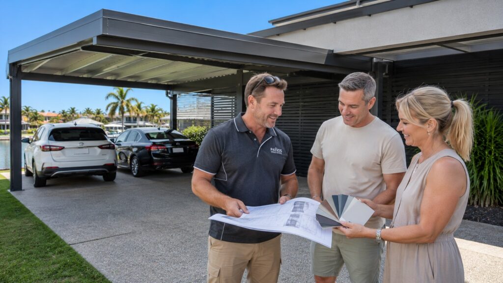 Builder consulting with homeowners beside a completed custom Colorbond carport.