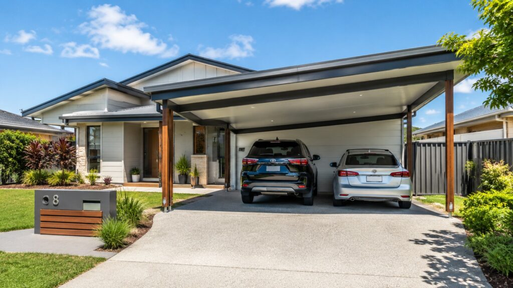 Carport Arundel 2 Modern Arundel home with a custom Colorbond steel double carport providing covered parking.