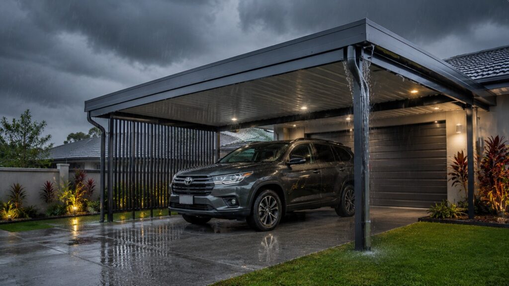 Carport Molendinar 3 Colorbond carport protecting a vehicle during heavy Queensland rain.