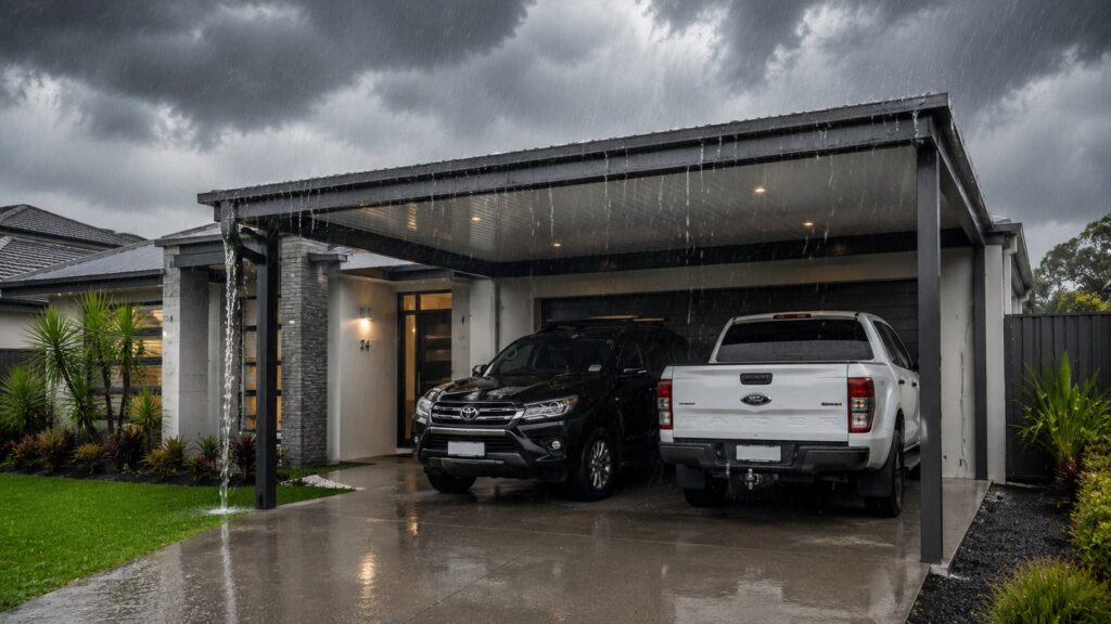 Carport Helensvale 3 Colorbond carport protecting parked vehicles during heavy rain and stormy weather.