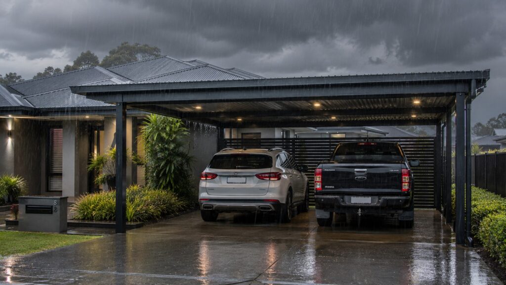 Colorbond carport protecting vehicles during heavy Queensland storm conditions.