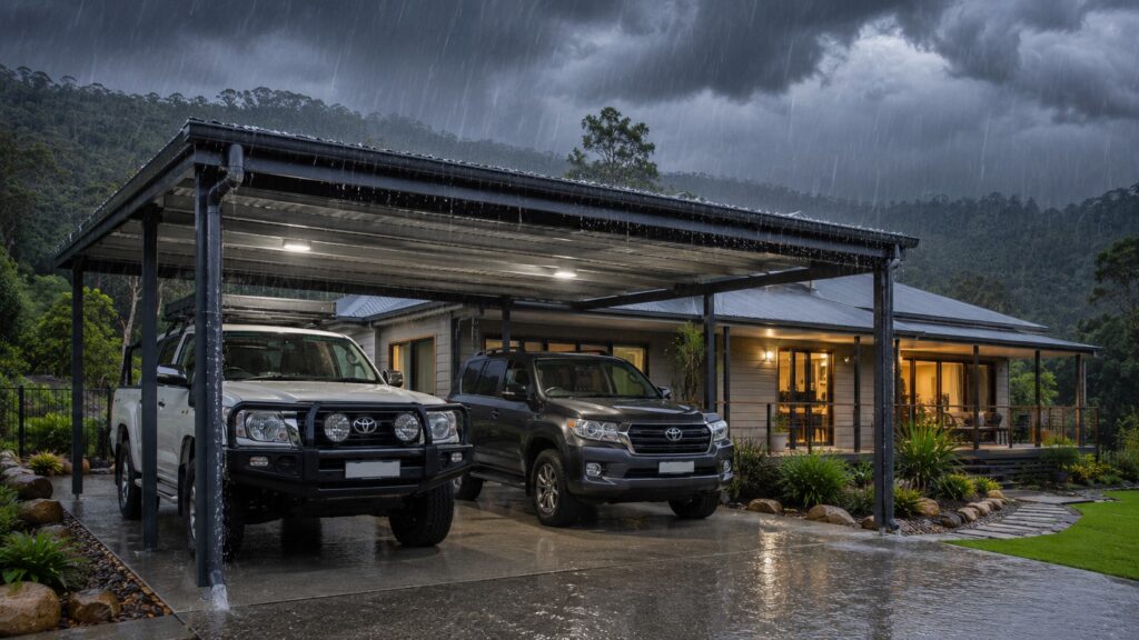 Colorbond carport providing reliable protection during heavy Queensland rain.
