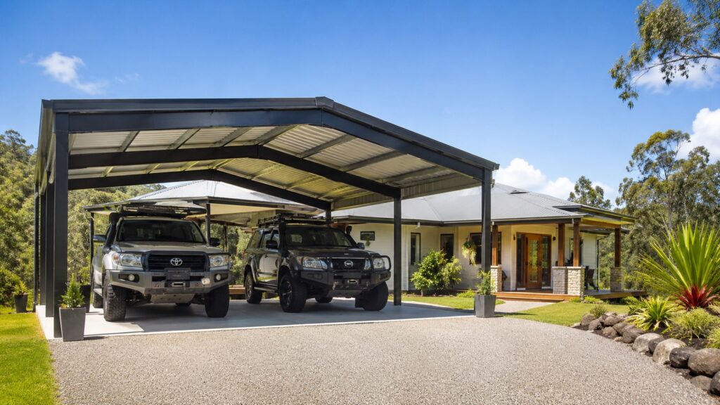 Carport Gaven 2 Custom Colorbond double carport at a modern acreage home in Gaven.