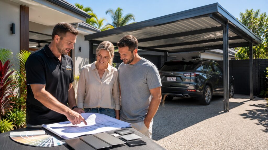 Carport Molendinar 4 Builder consulting with homeowners beside a completed custom Colorbond carport.