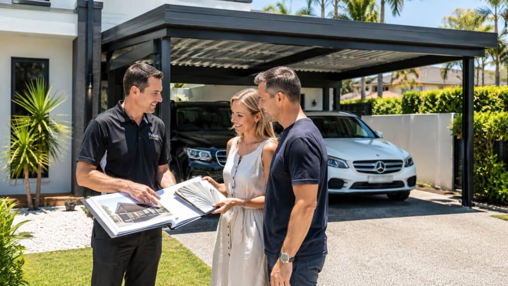Carport Benowa 4 Builder consulting with homeowners beside a completed custom carport in Benowa.