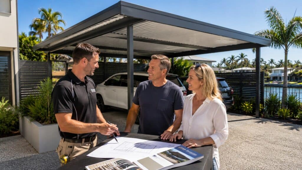 Carport Biggera Waters 4 Homeowners meeting with a professional builder beside a completed custom Colorbond carport.