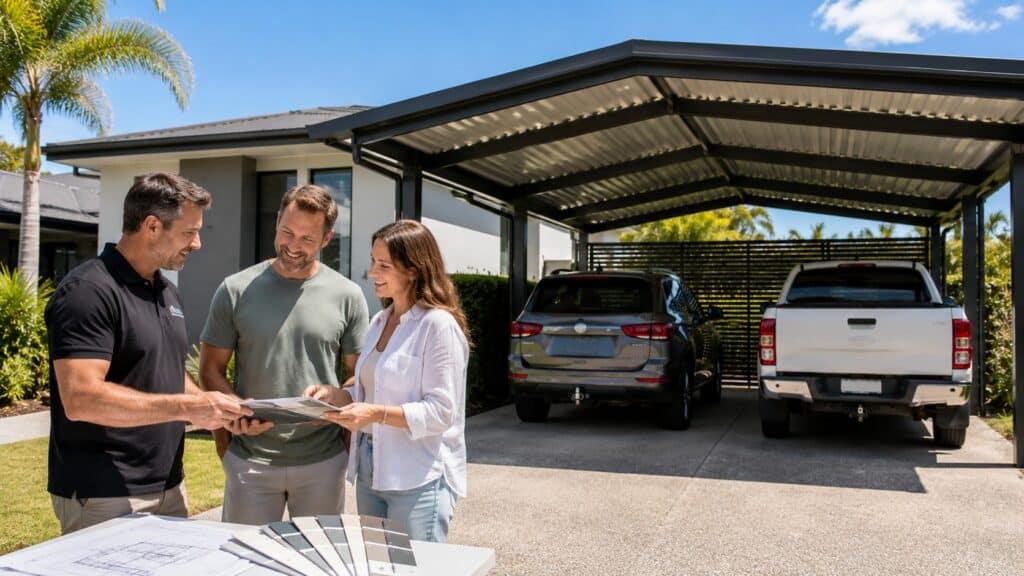 Builder consulting with homeowners beside a completed custom Colorbond carport in Ashmore.