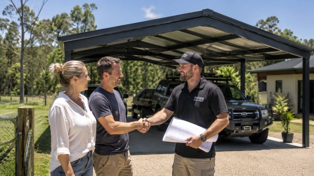 Carport Gaven 4 Homeowners meeting with a carport builder after completing a custom Gaven carport project.