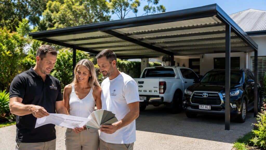 Carport Highland Park 4 Professional builder discussing custom carport plans with homeowners beside a completed installation.