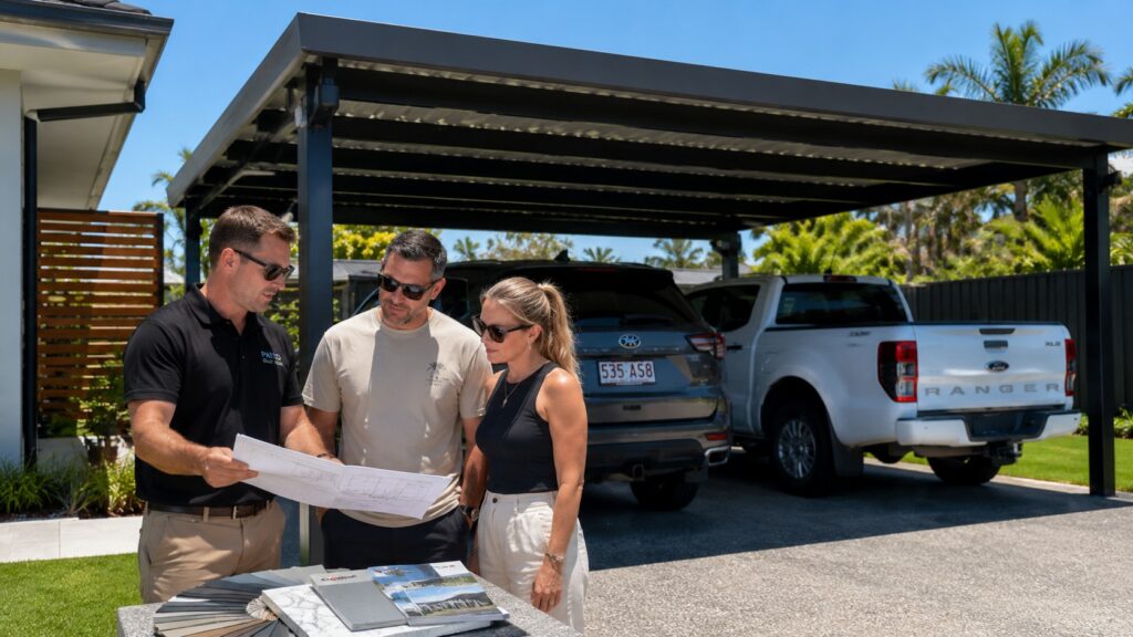 Carport Coomera 4 Carport builder consulting with Coomera homeowners beside a completed custom Colorbond carport.