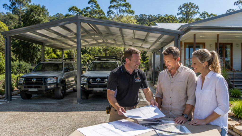 Carport builder consulting with homeowners beside a completed Maudsland carport.