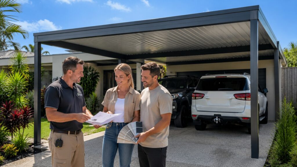 Carport Helensvale 4 Builder consulting with homeowners beside a completed Colorbond carport in Helensvale.