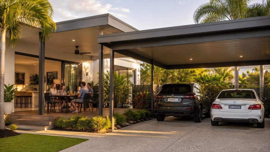 Carport Bundall 4 Family enjoying a shaded outdoor living area beneath a modern Colorbond carport.