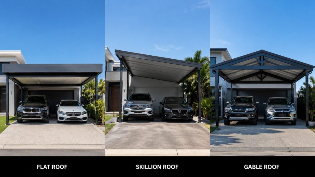 Carport Bundall 3 Comparison of flat, skillion, and gable Colorbond carport roof styles.