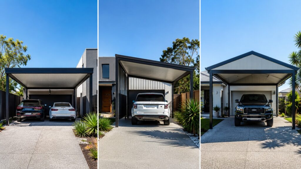 Carport Biggera Waters 3 Comparison of flat, skillion and gable Colorbond carport roof designs.