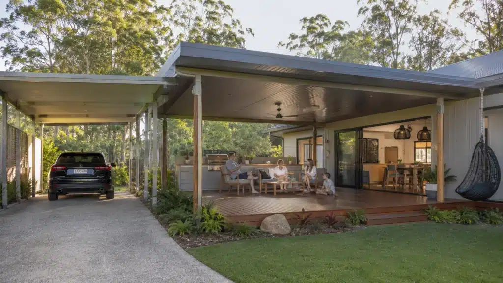 Carport Worongary 4 Coordinated carport, patio and timber deck creating a connected outdoor living area in Worongary.
