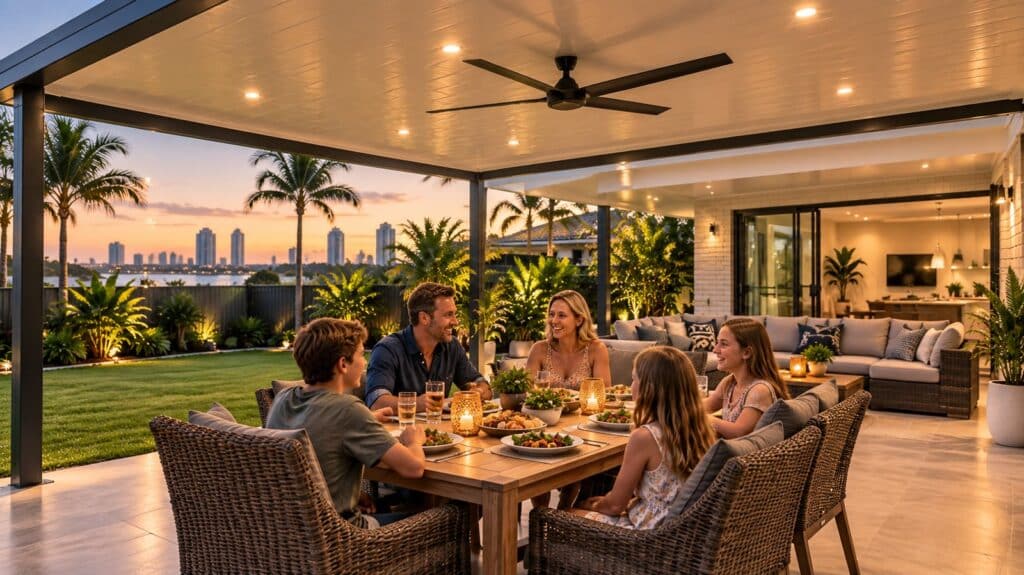 Insulated Patio Cost on the Gold Coast 3 Family enjoying a comfortable outdoor entertaining area beneath an insulated patio.