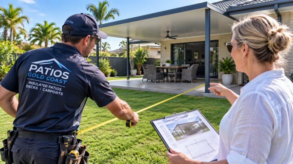Insulated Patio Cost on the Gold Coast 5 Builder measuring a backyard before providing an insulated patio quote.
