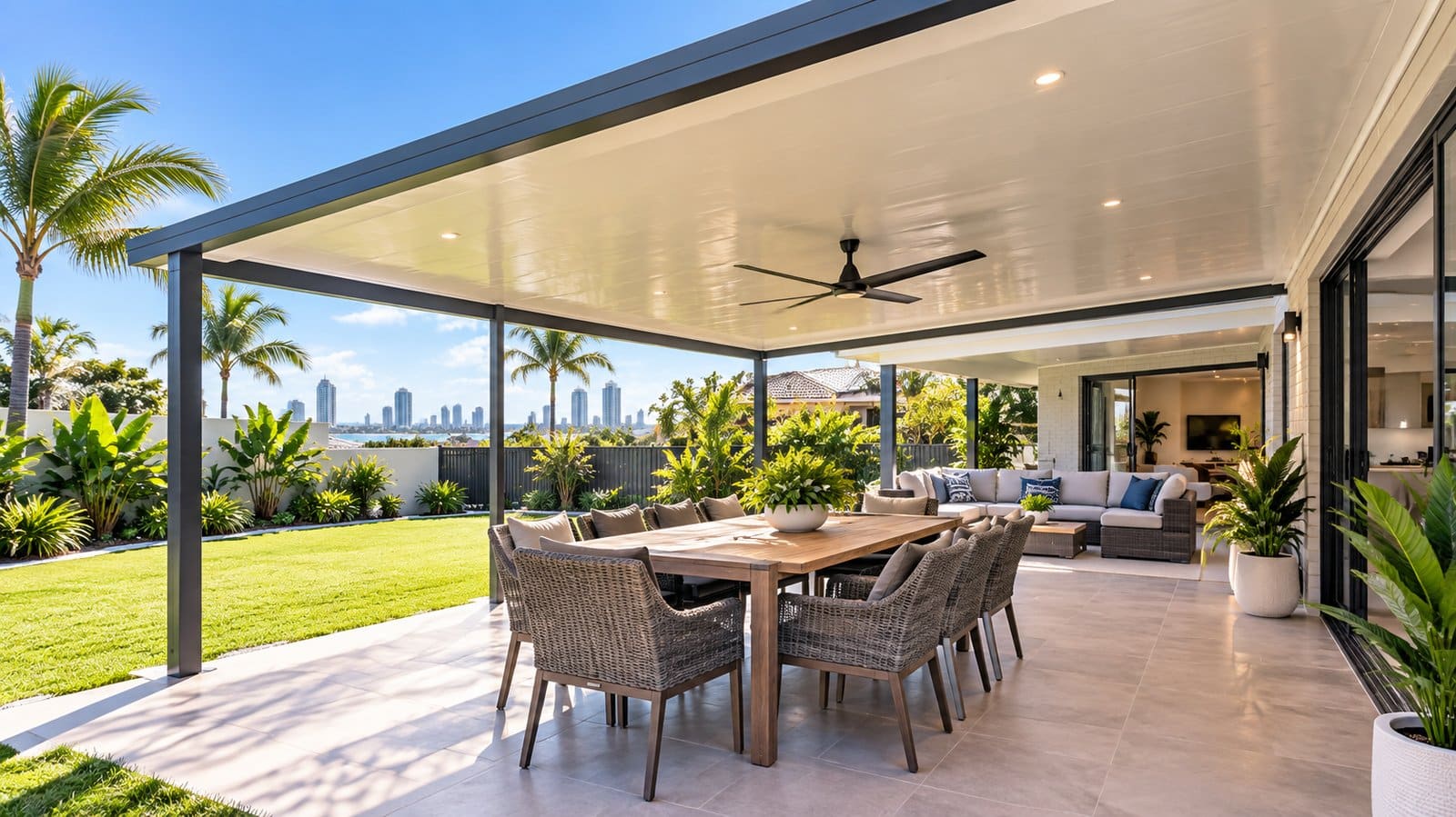 Modern insulated patio attached to a Gold Coast home with outdoor entertaining area.