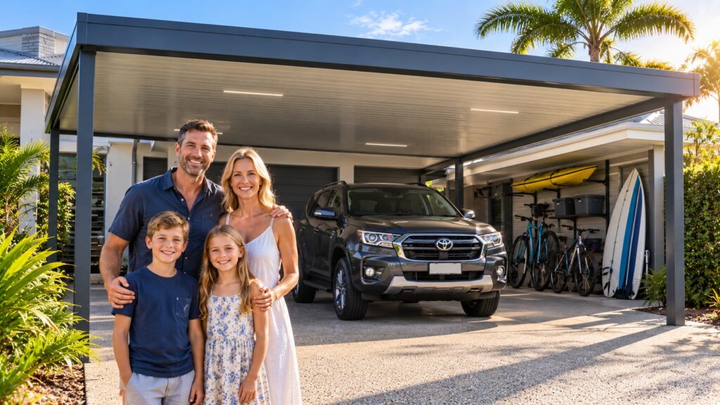 Family using a completed insulated carport to protect their vehicle and outdoor equipment.