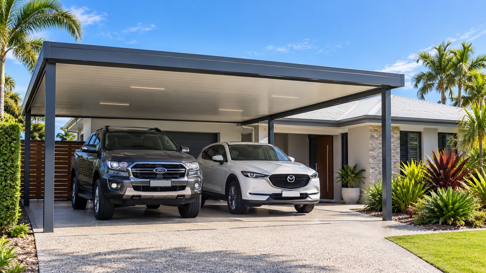 Modern Gold Coast home with an insulated double carport providing shade for two vehicles.
