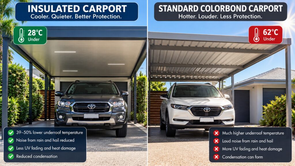 Comparison between an insulated carport and a standard Colorbond roof showing improved comfort and protection.