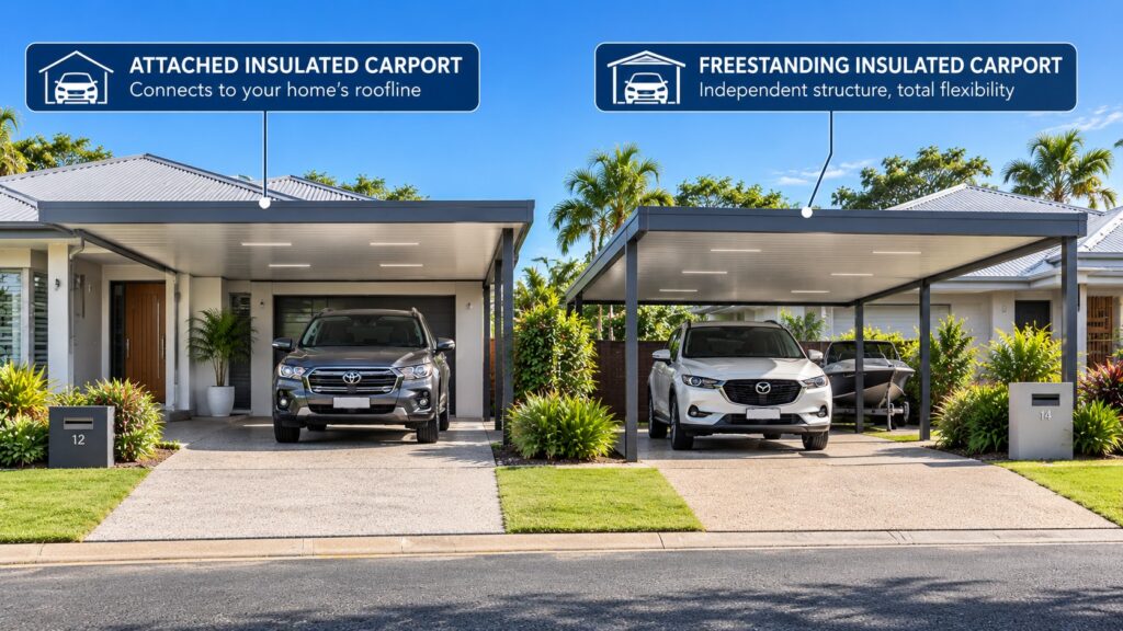 Attached and freestanding insulated carport designs on neighbouring homes.